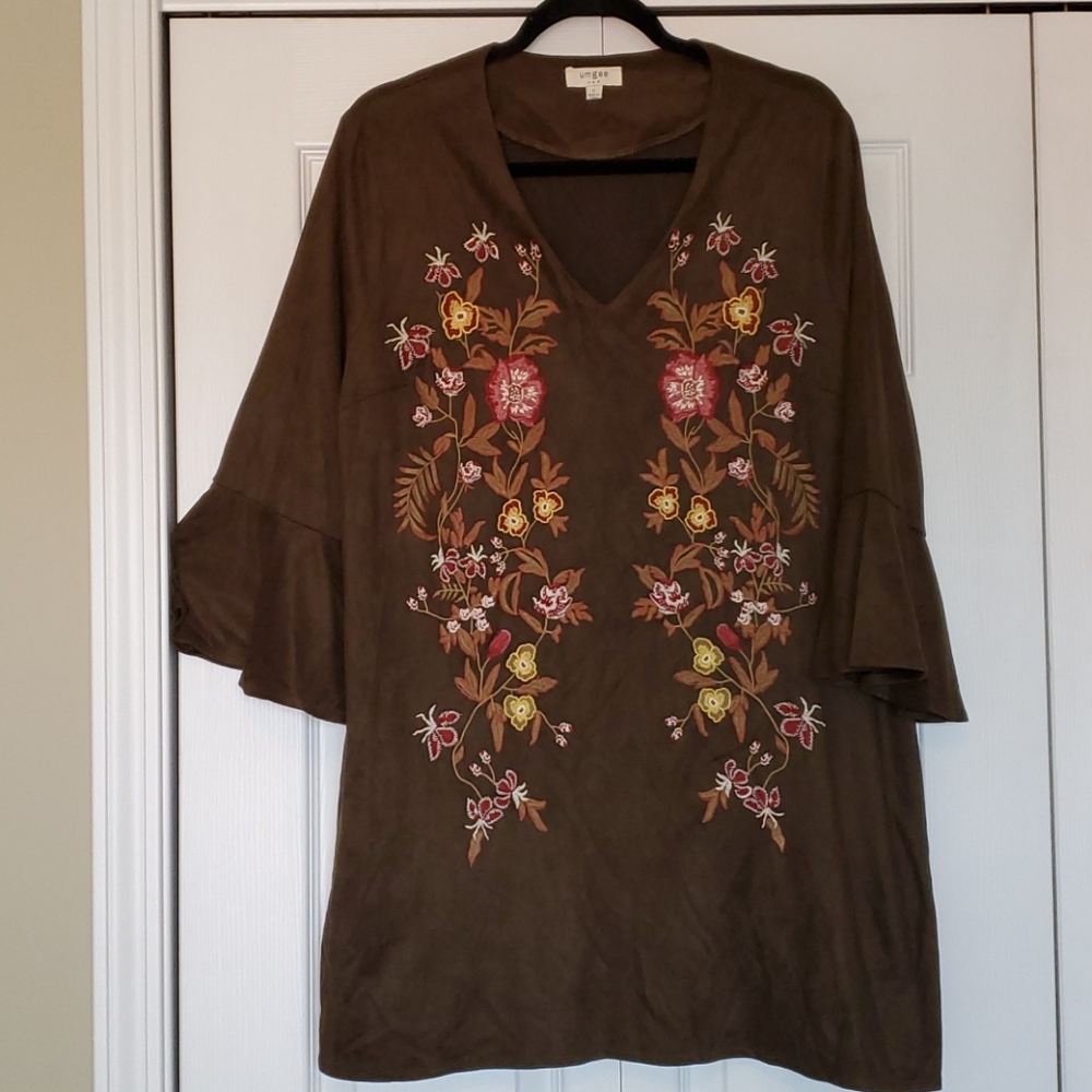 Umgee Olive Long Sleeve Dress with Colorful Embroidery